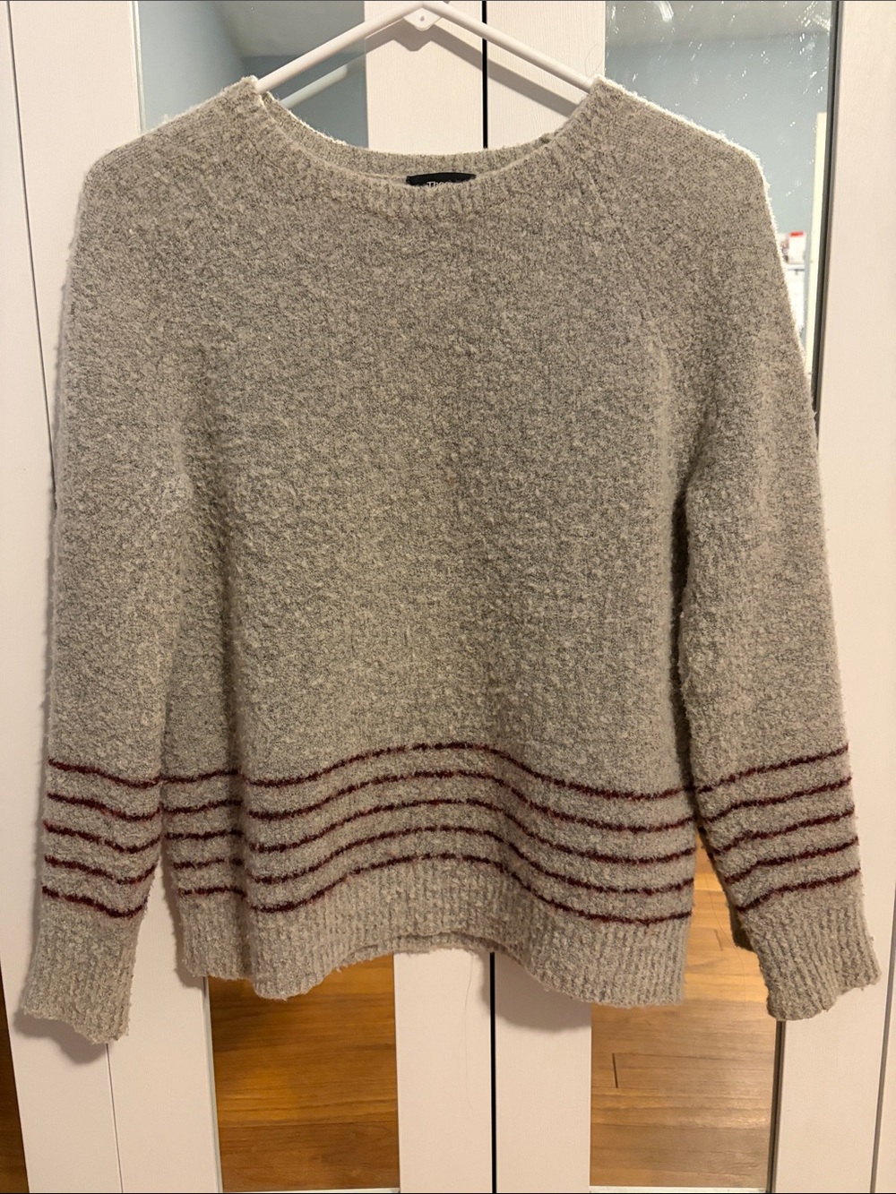 Theory Women's Crewneck Sweater in Light Gray with Maroon Stripe Detail